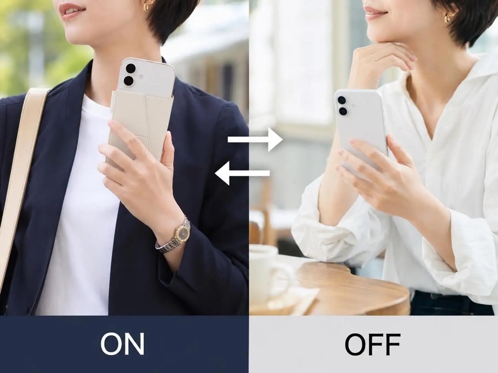 外出時は手帳型、撮影や充電時は取り外して使うイメージ