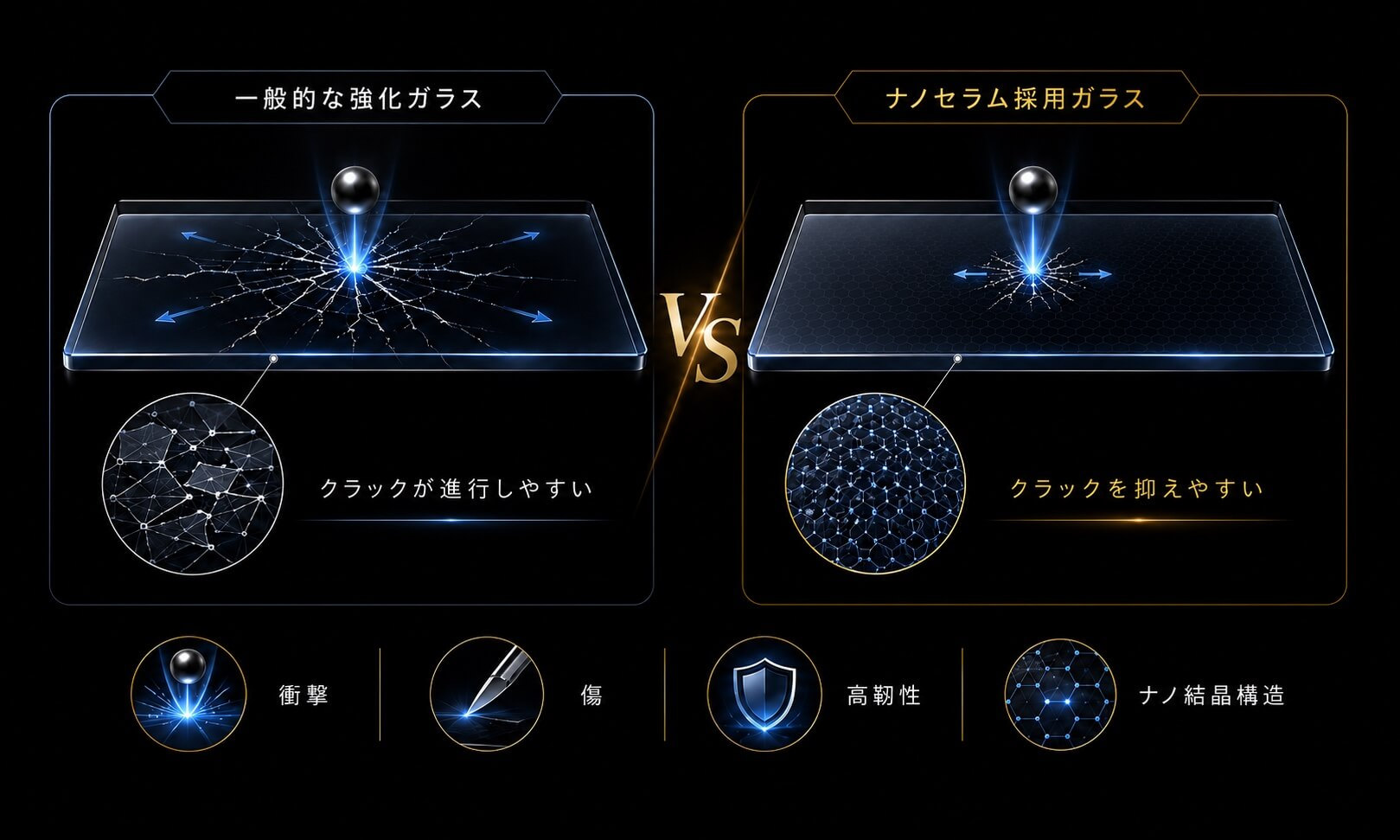 一般的な強化ガラスとナノセラム採用ガラスの比較図