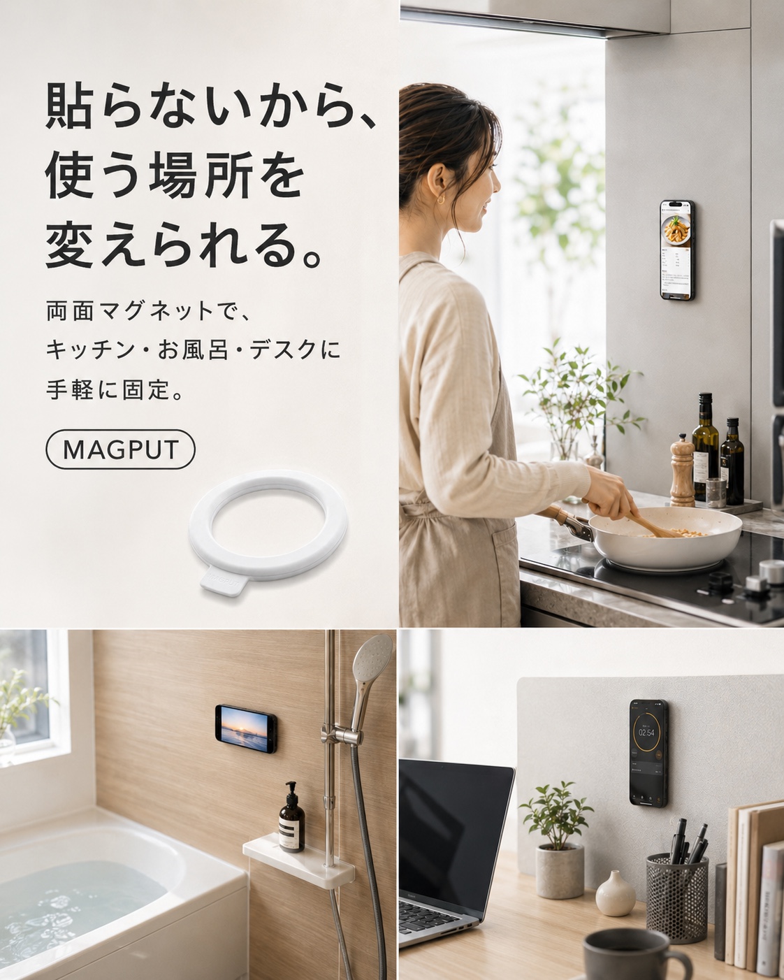MAGPUT｜貼らないから、使う場所を変えられる。キッチン・お風呂・デスクに手軽に固定。