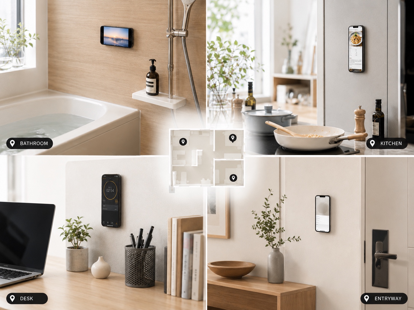 お風呂、キッチン、デスク、玄関など家じゅうにスマホの定位置を作れるMAGPUTの複数使いイメージ