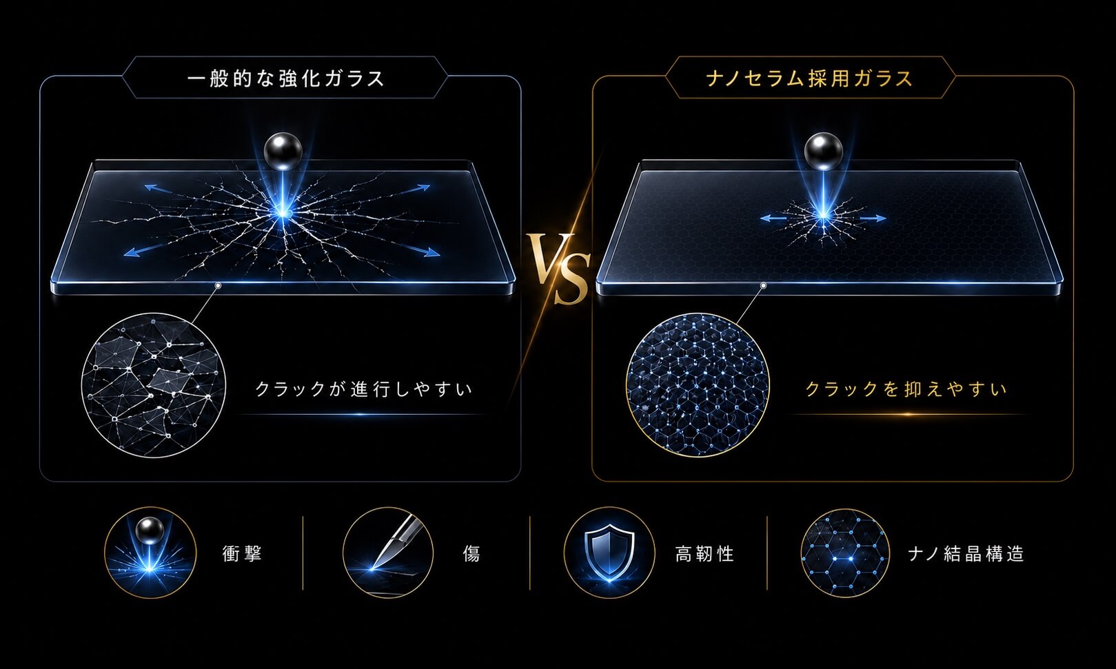 一般的な強化ガラスとナノセラム採用ガラスの比較図