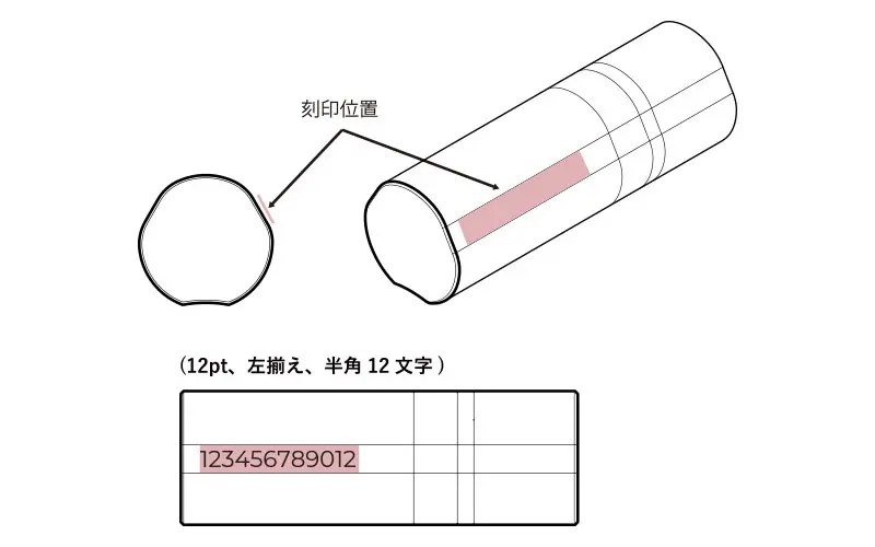 刻印位置は本体側面。12pt、左揃え、半角12文字