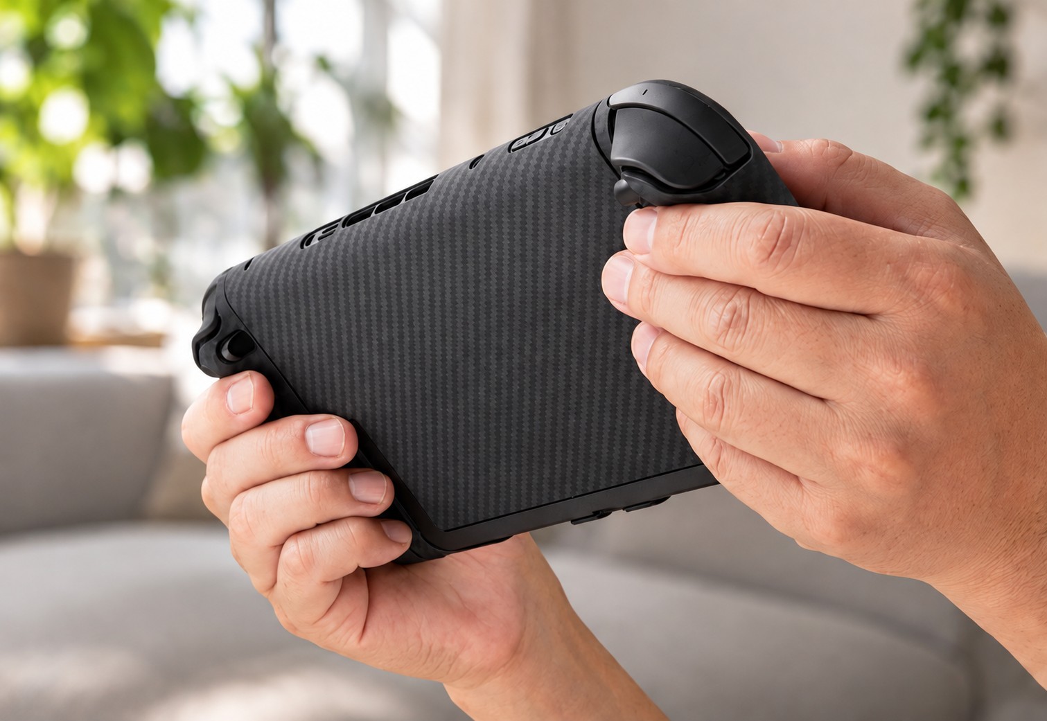 リビングのソファでDUROを装着したSwitch2を両手で持って遊ぶ携帯モード
