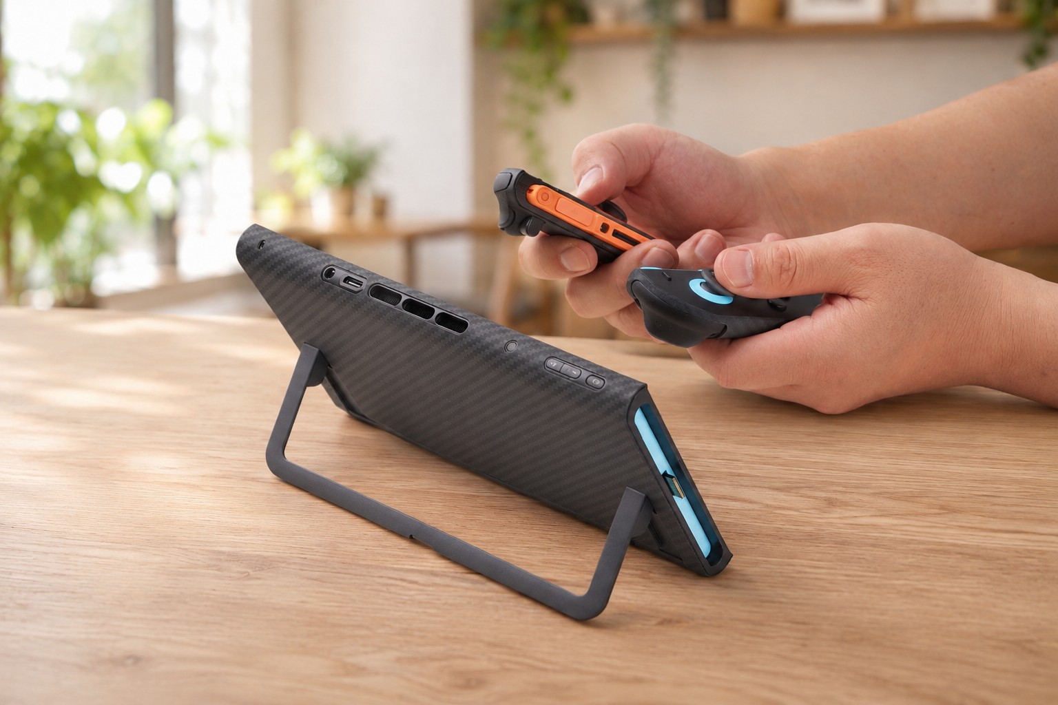 カフェのテーブルでスタンドを立ててコントローラーで遊ぶテーブルモード