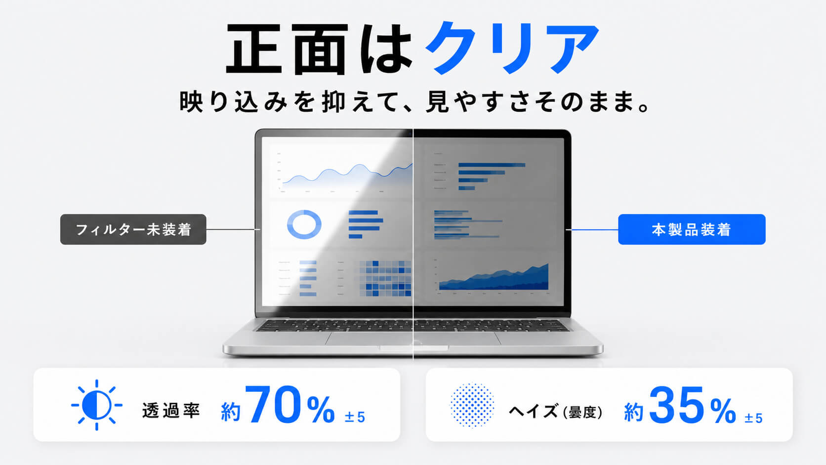 正面はクリアで映り込みを抑える説明