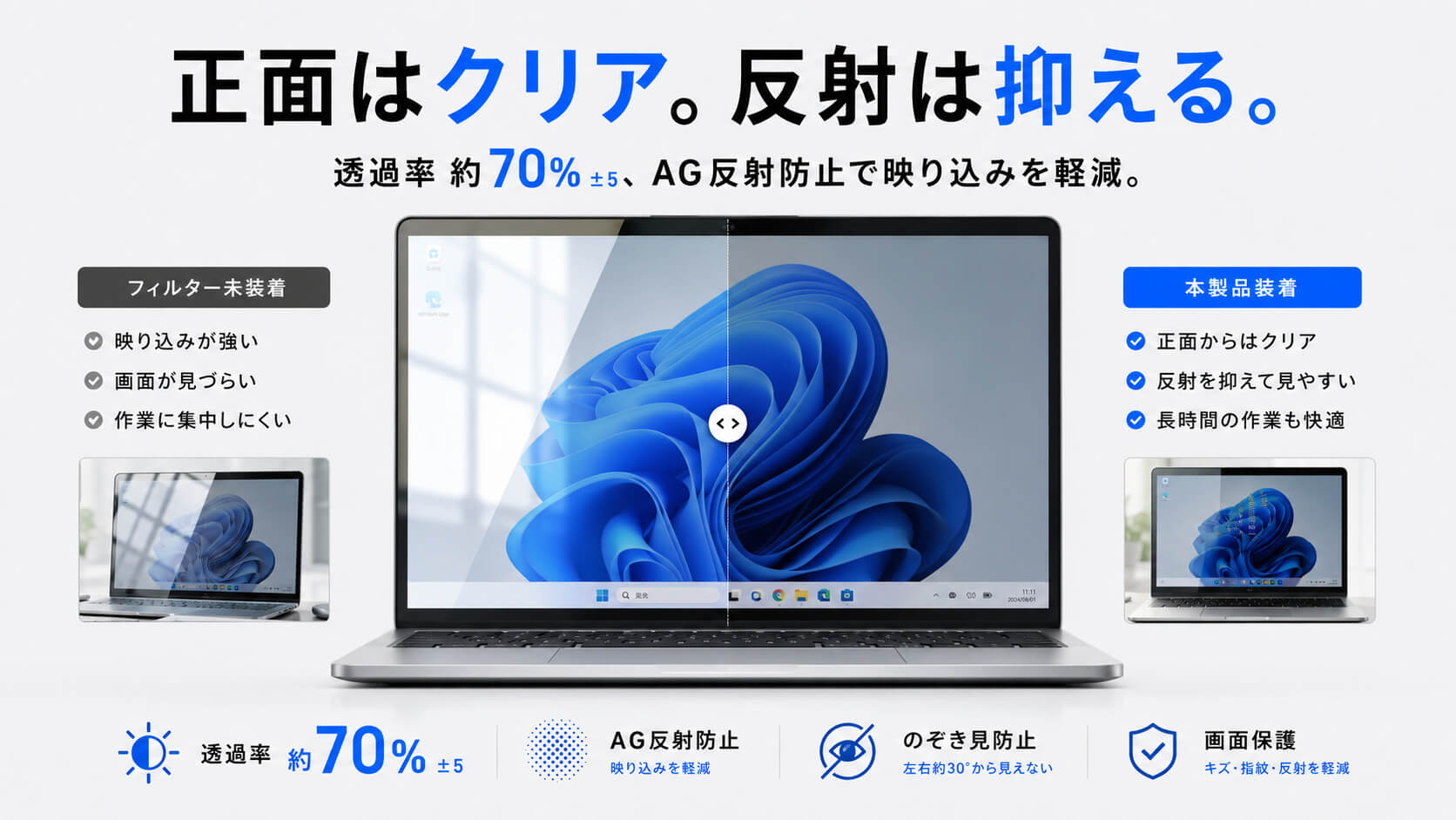 正面はクリアで映り込みを抑える説明