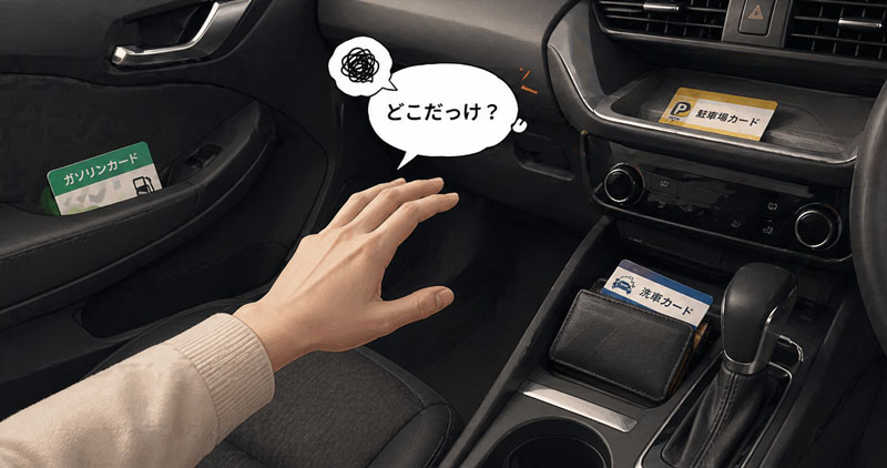 車で使うカードが車内に散らばり、必要なときに見つけにくい様子
