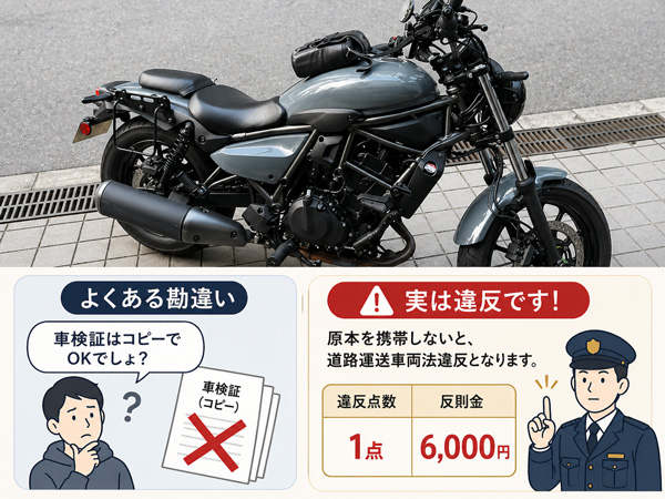 バイクにも車検証原本の携帯義務があることを伝える説明画像