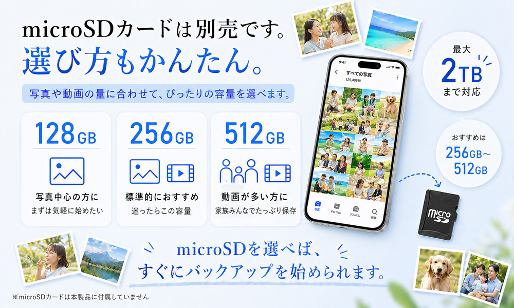 PhotoPower Plus microSDカード選び 128GB 256GB 512GB 最大2TB対応 microSDカードは別売