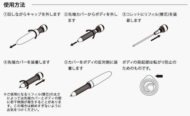 REFILL PEN JACKET Extra Short リフィル装着方法 イラスト