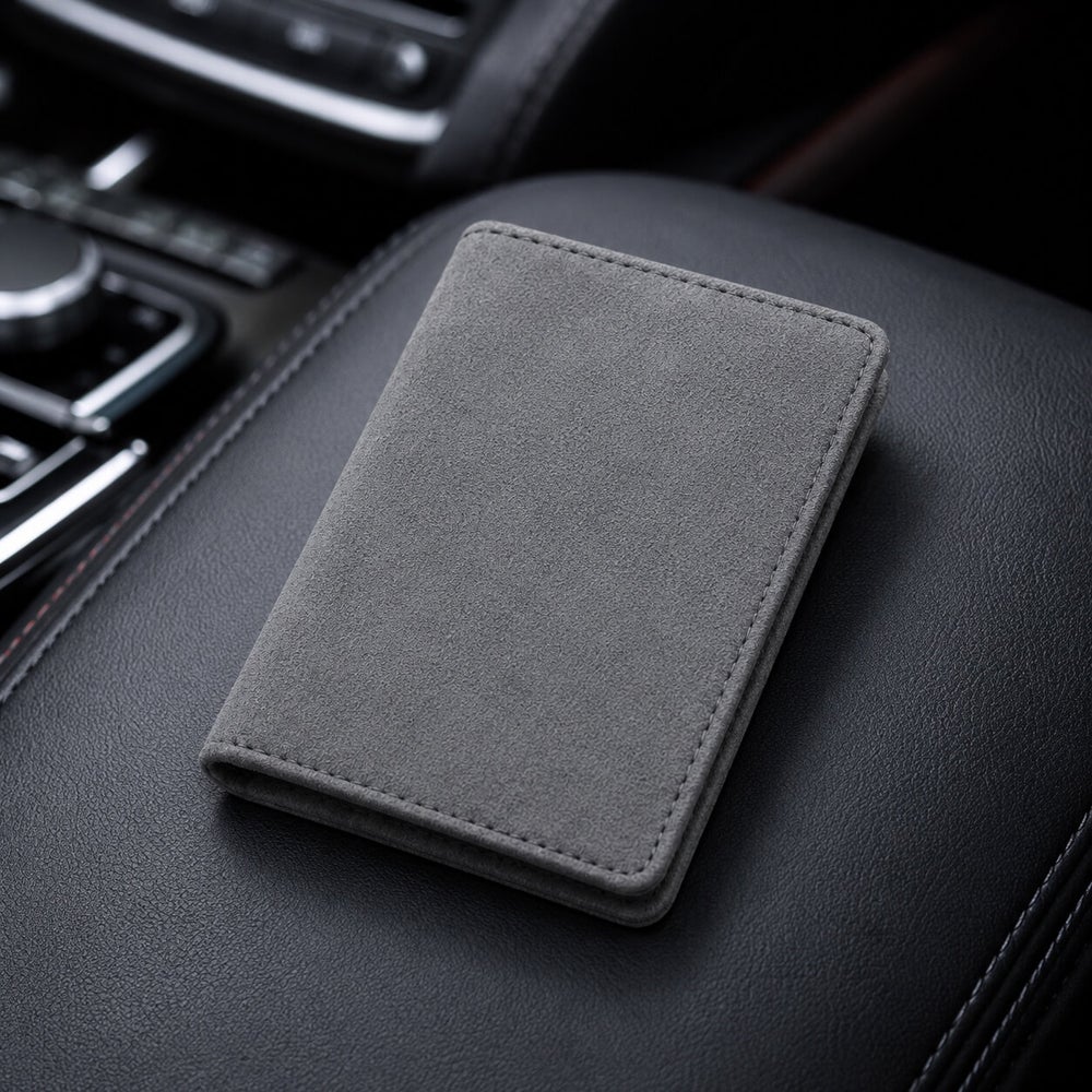 車内に置かれたAlcantara®製のコンパクト電子車検証ケース