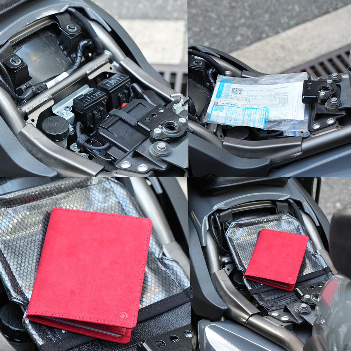 バイクのシート下に収納した赤色のコンパクト車検証ケース