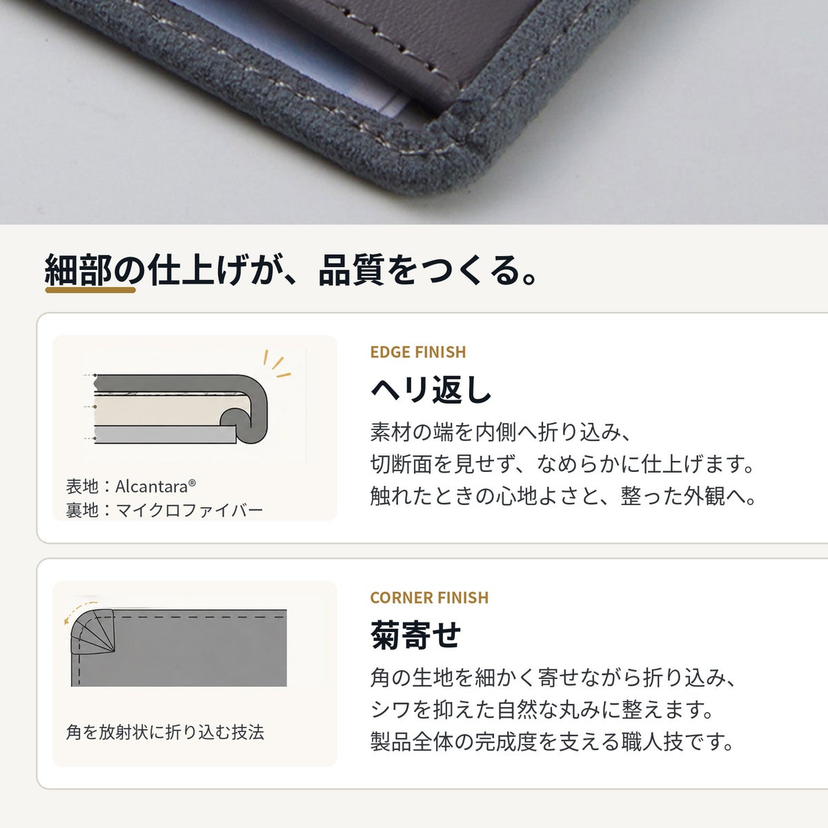 車検証ケースのヘリ返しと菊寄せを紹介する縫製・仕立ての解説