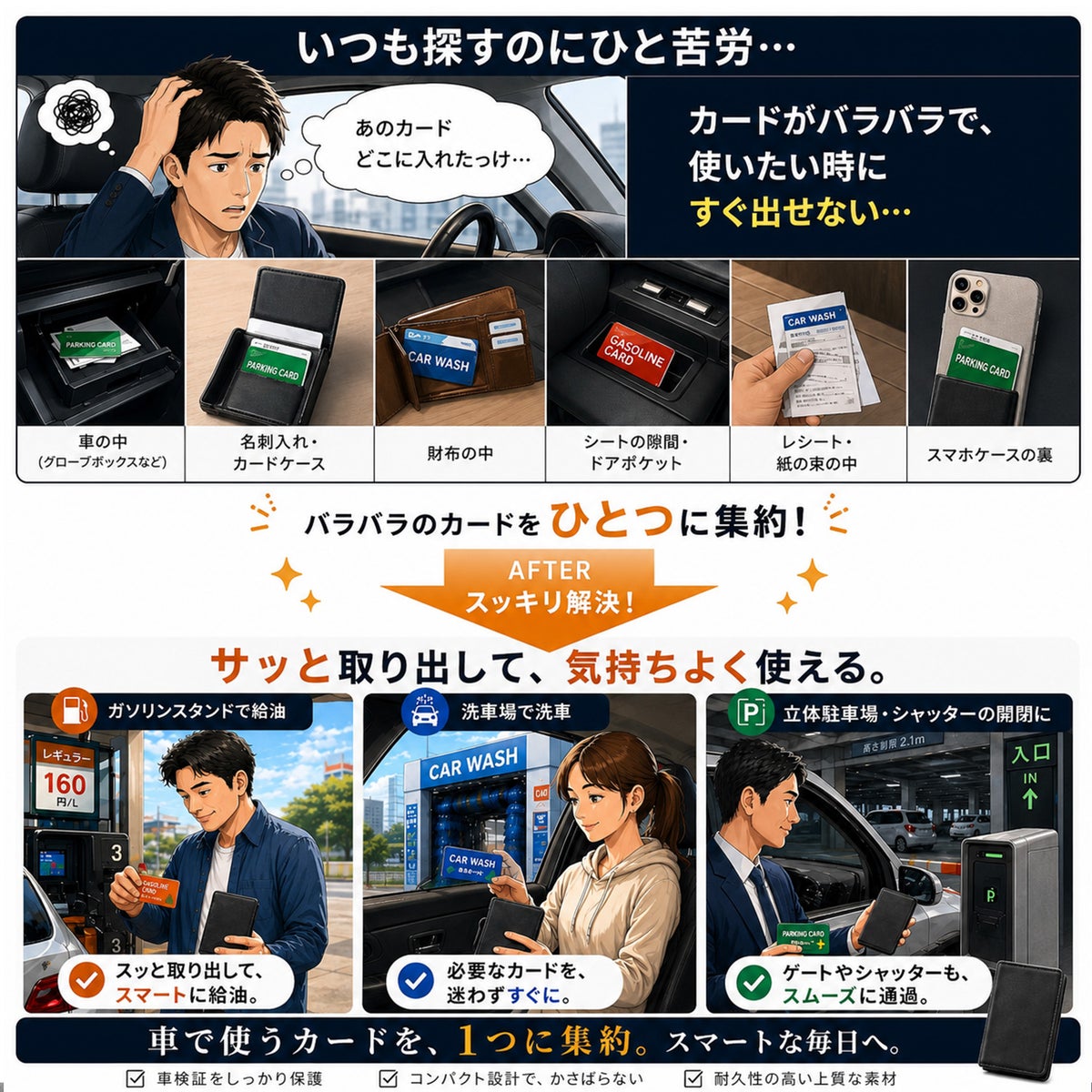 車内で使うカードの収納場所を車検証ケースにまとめる活用イメージ