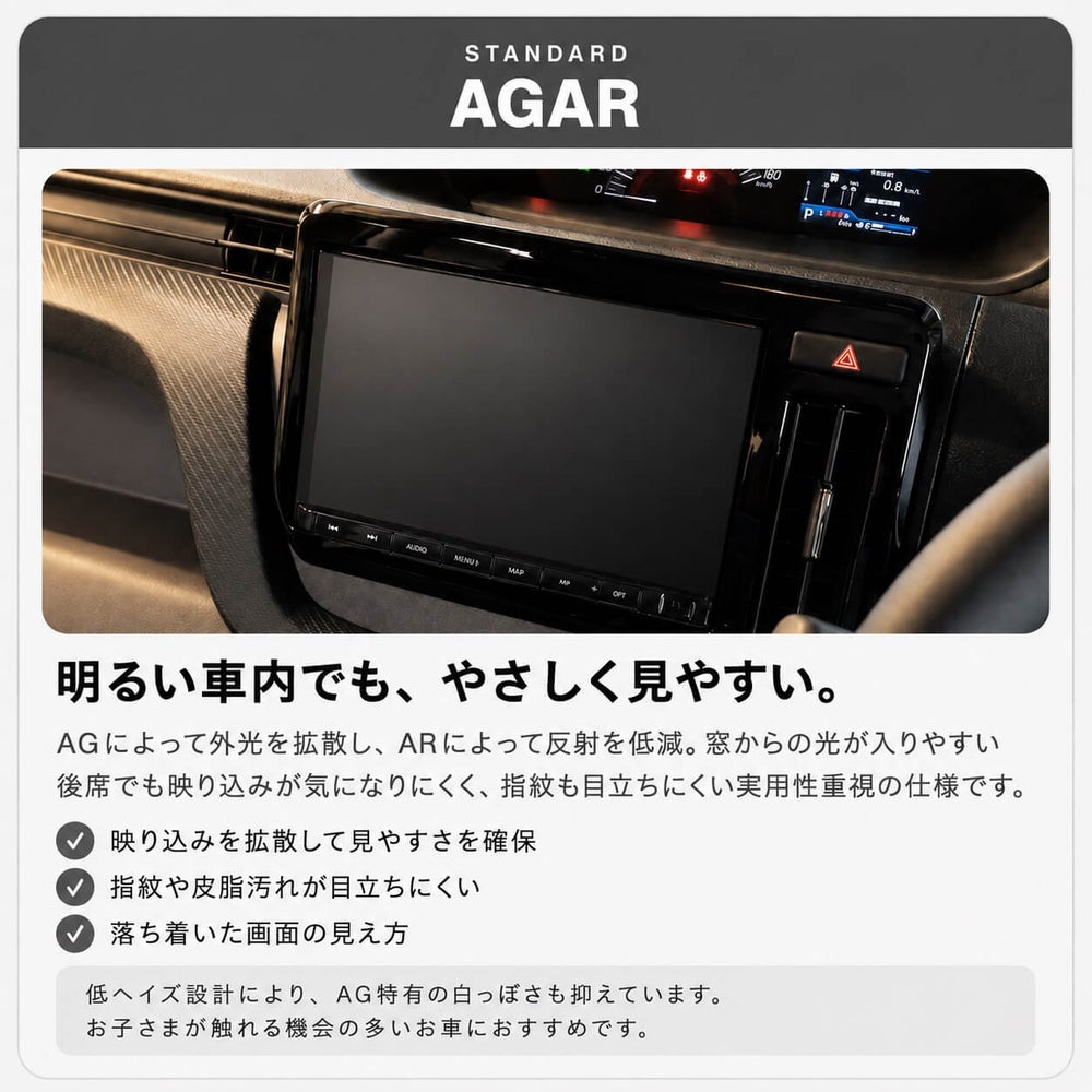 パナソニック製ナビに装着したAGAR保護フィルムの反射低減イメージ