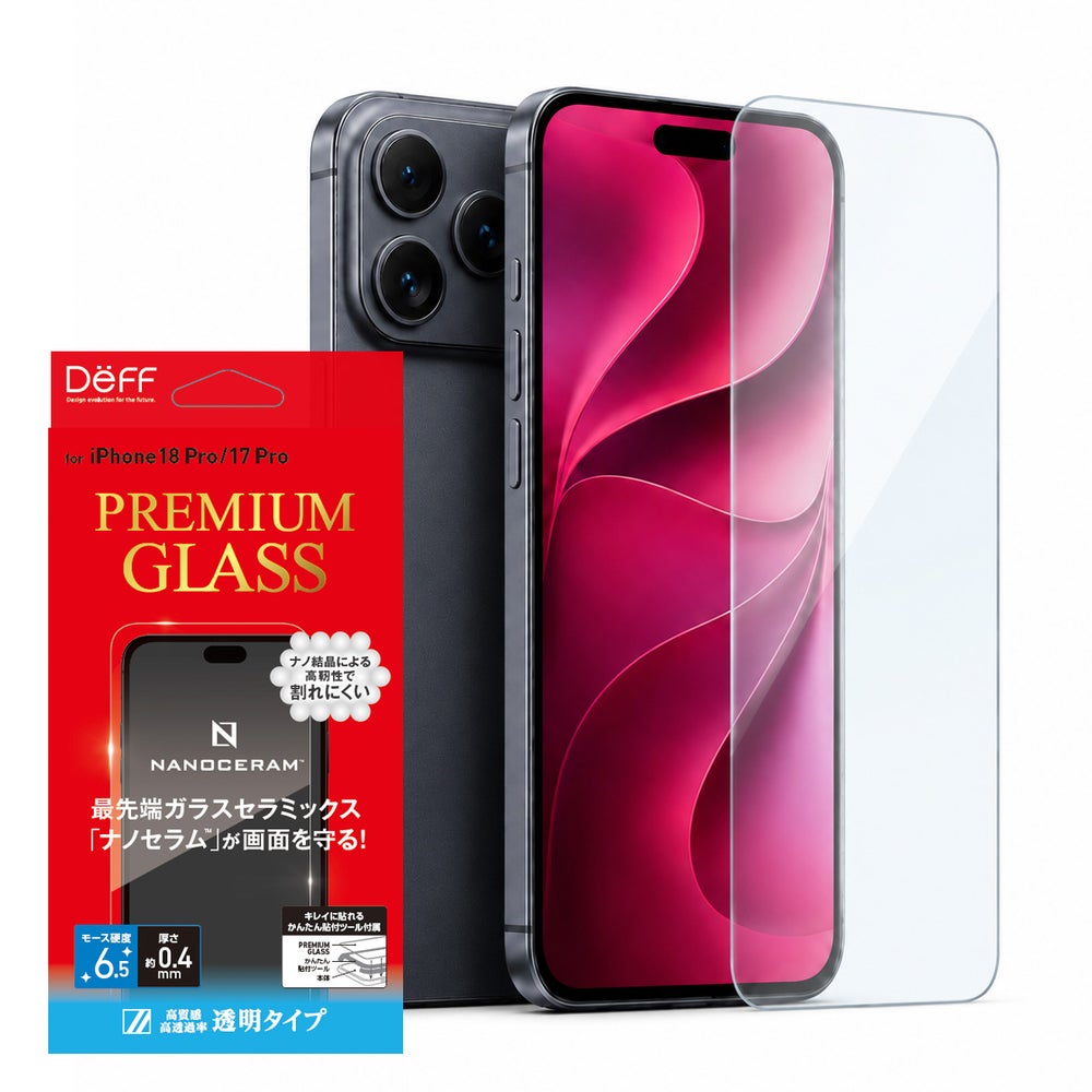 iPhone 18 Pro / Pro Max用ガラスフィルム PREMIUM GLASS のパッケージと本体