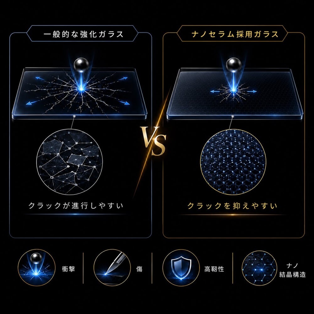 一般的な強化ガラスとナノセラム採用ガラスのクラック進行の比較図