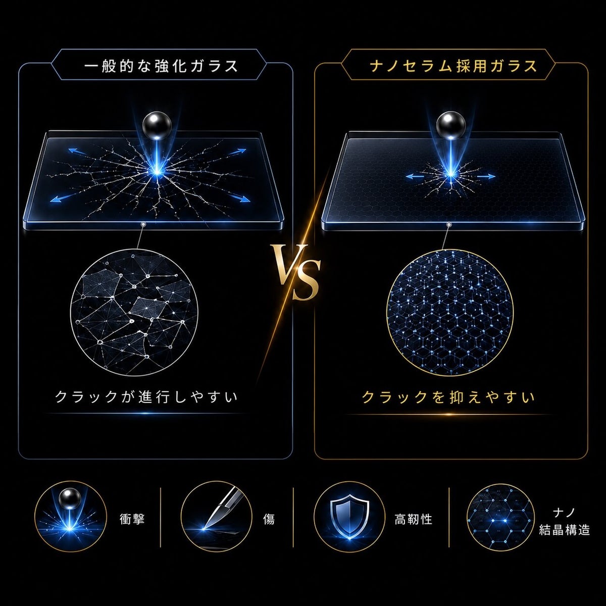 一般的な強化ガラスとナノセラム採用ガラスのクラック進行の比較図